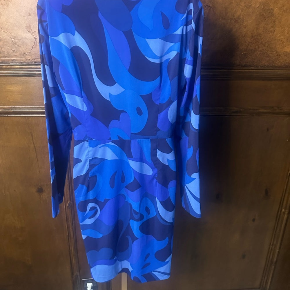 SIZE 12 Donna Morgan Blue and Black Patterned Long Sleeve Dress