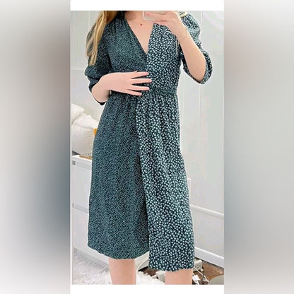 SIZE 34/Xs-S Elegant Green Patterned Midi Dress