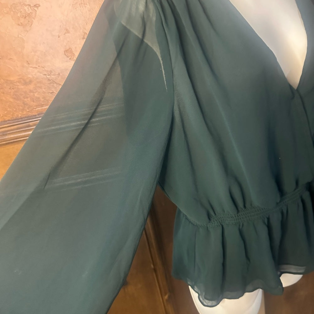 SIZE L 1. State Emerald Sheer V-Neck Blouse
