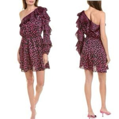 NWT SIZE 3/US 6 The Kooples Floral One-Shoulder Dress in Pink and Black
