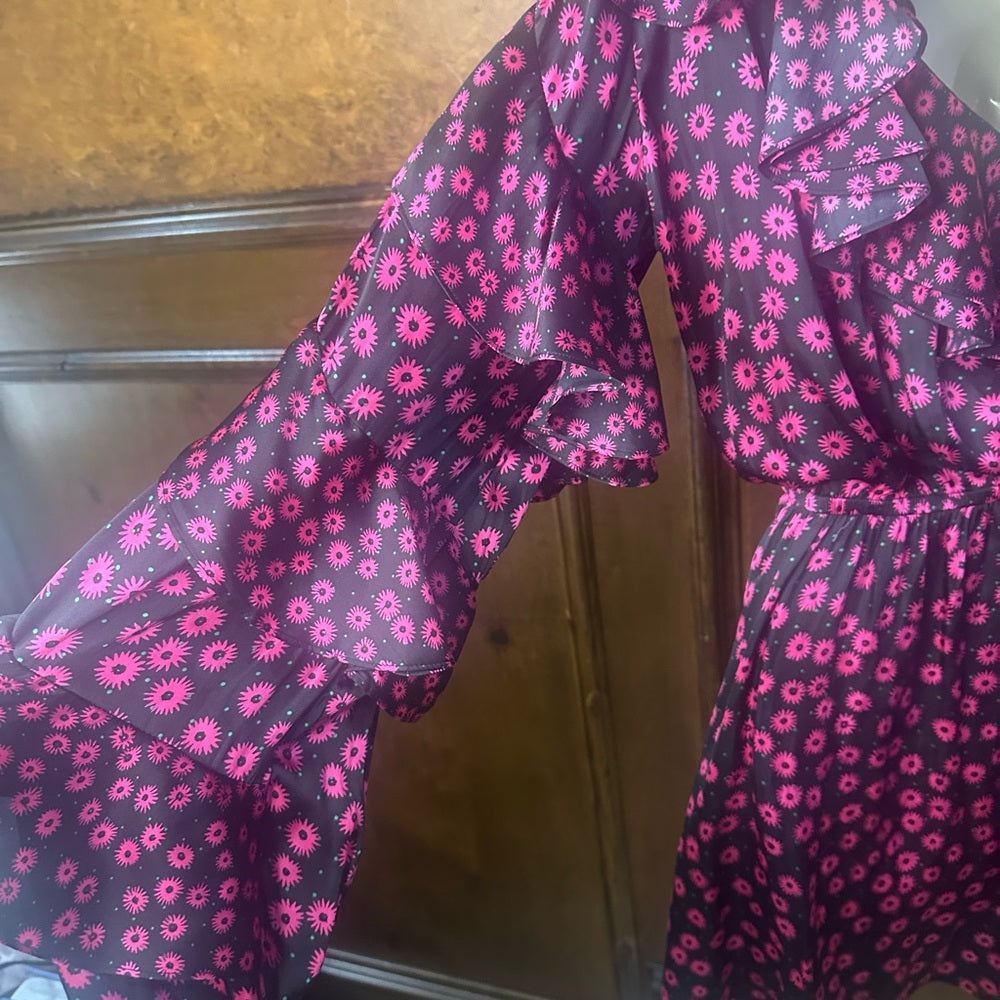 NWT SIZE 3/US 6 The Kooples Floral One-Shoulder Dress in Pink and Black