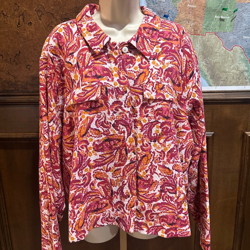 NWT SIZE 3X Kathy Ireland Vibrant Pink Patterned Jean Jacket