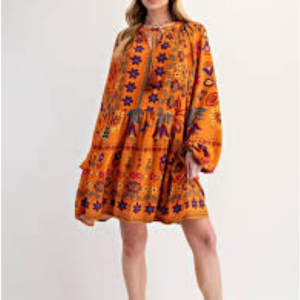 NWT SIZE 1X Easel Vibrant Orange Patterned Long Sleeve Dress