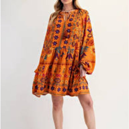 NWT SIZE 1X Easel Vibrant Orange Patterned Long Sleeve Dress