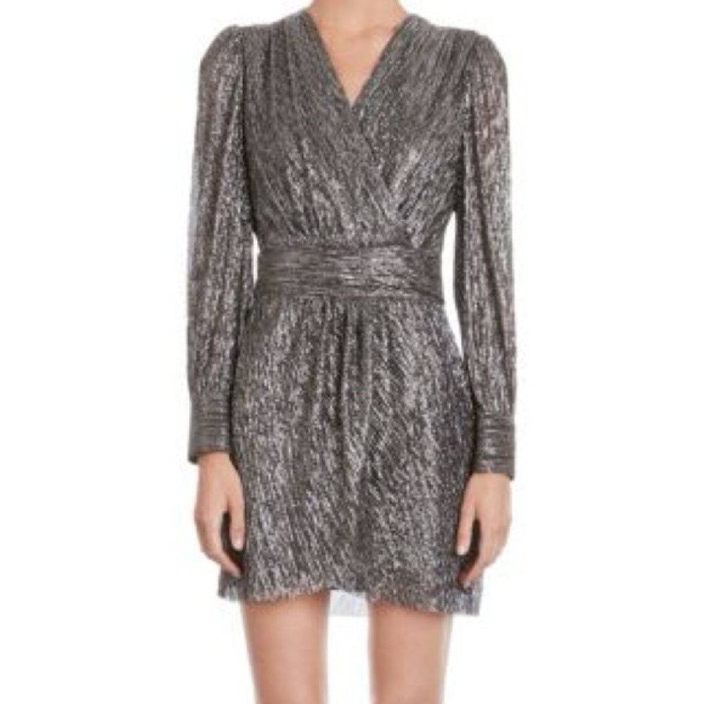 NWT SIZE 1/US 4 The Kooples Metallic Silver Long Sleeve Dress