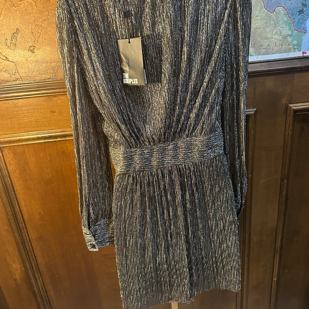NWT SIZE 1/US 4 The Kooples Metallic Silver Long Sleeve Dress