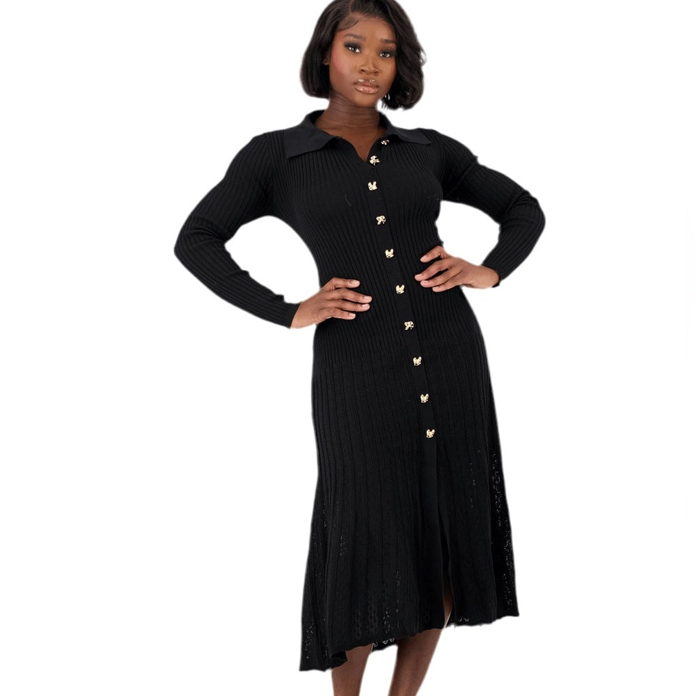 NWT SIZE L Chic Black Long Sleeve Button-Up Dress