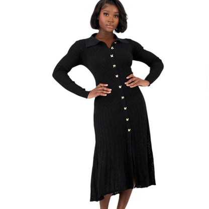 NWT SIZE L Chic Black Long Sleeve Button-Up Dress