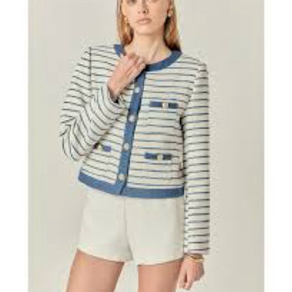 NWT SIZE L English Factory Navy and Cream Striped Blazer