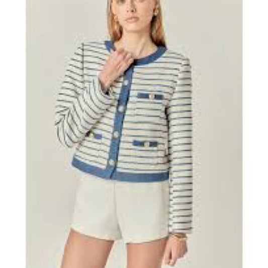 NWT SIZE L English Factory Navy and Cream Striped Blazer
