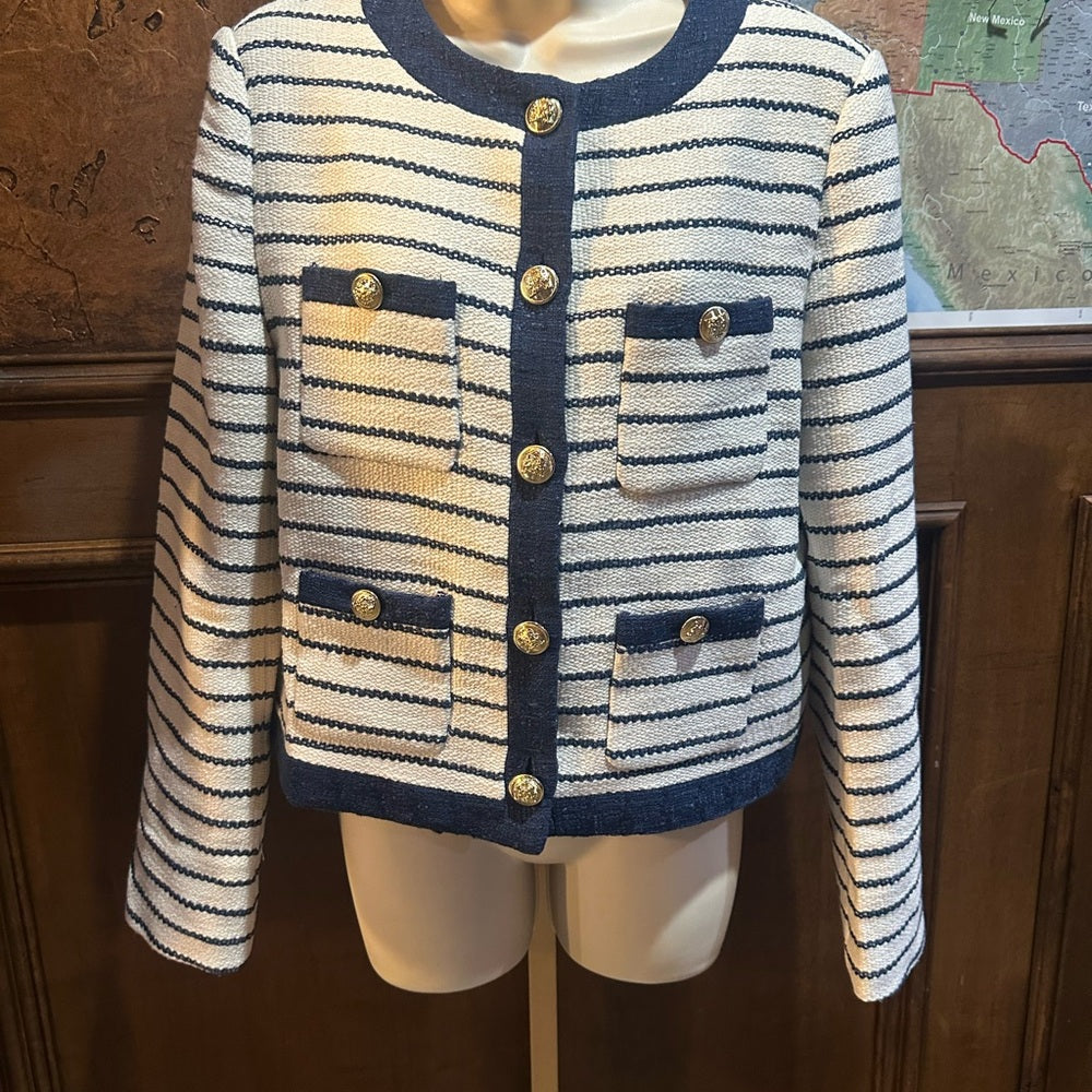 NWT SIZE L English Factory Navy and Cream Striped Blazer