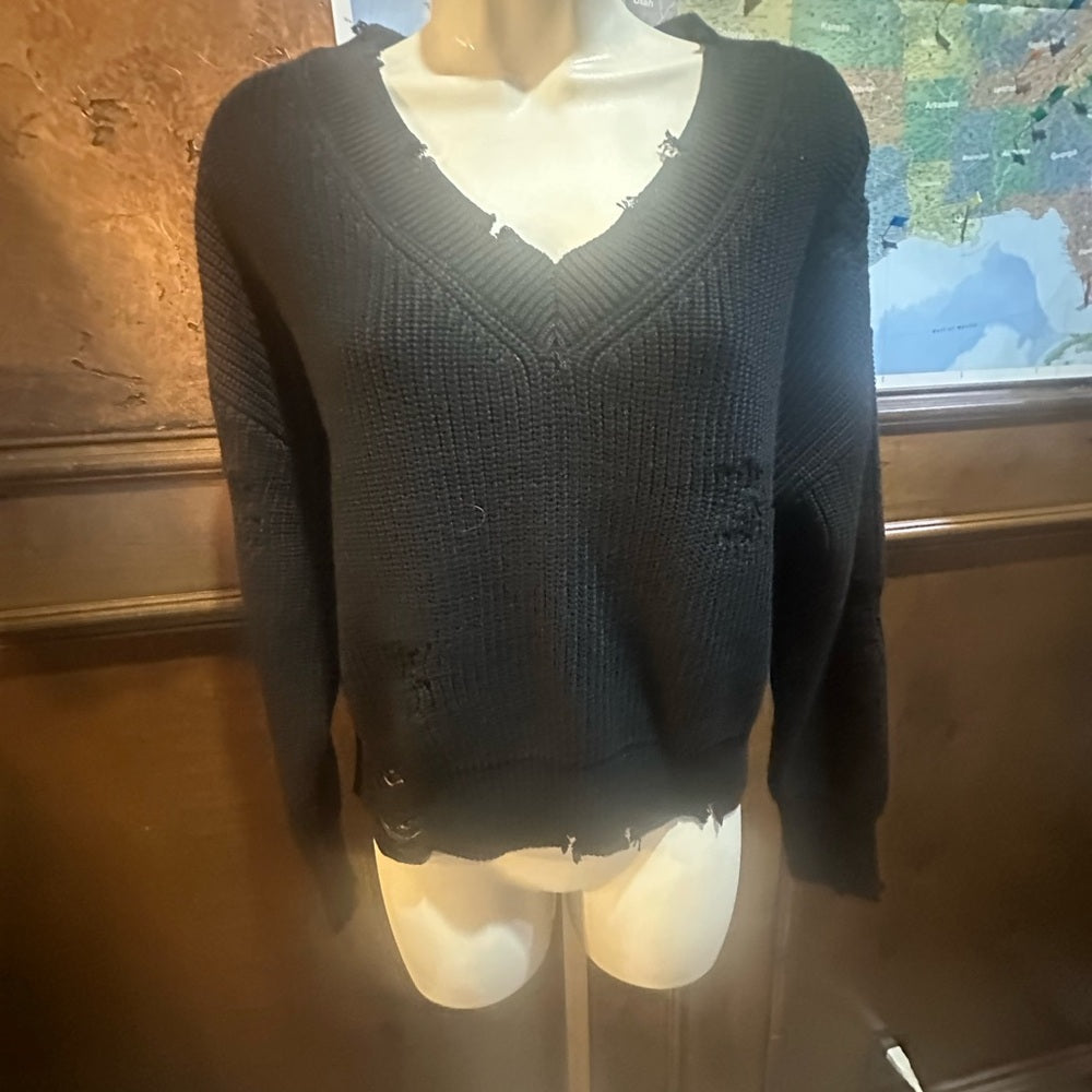 NWT SIZE S 525 America Distressed Black V-Neck Sweater