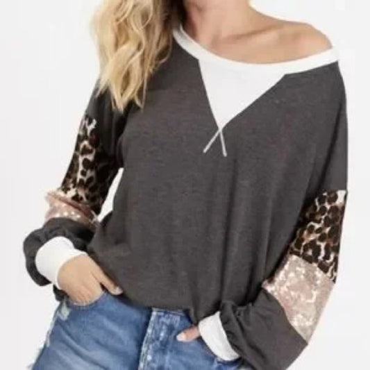 NWOT SIZE L BiBi Gray Leopard and Sequin Sweatshirt