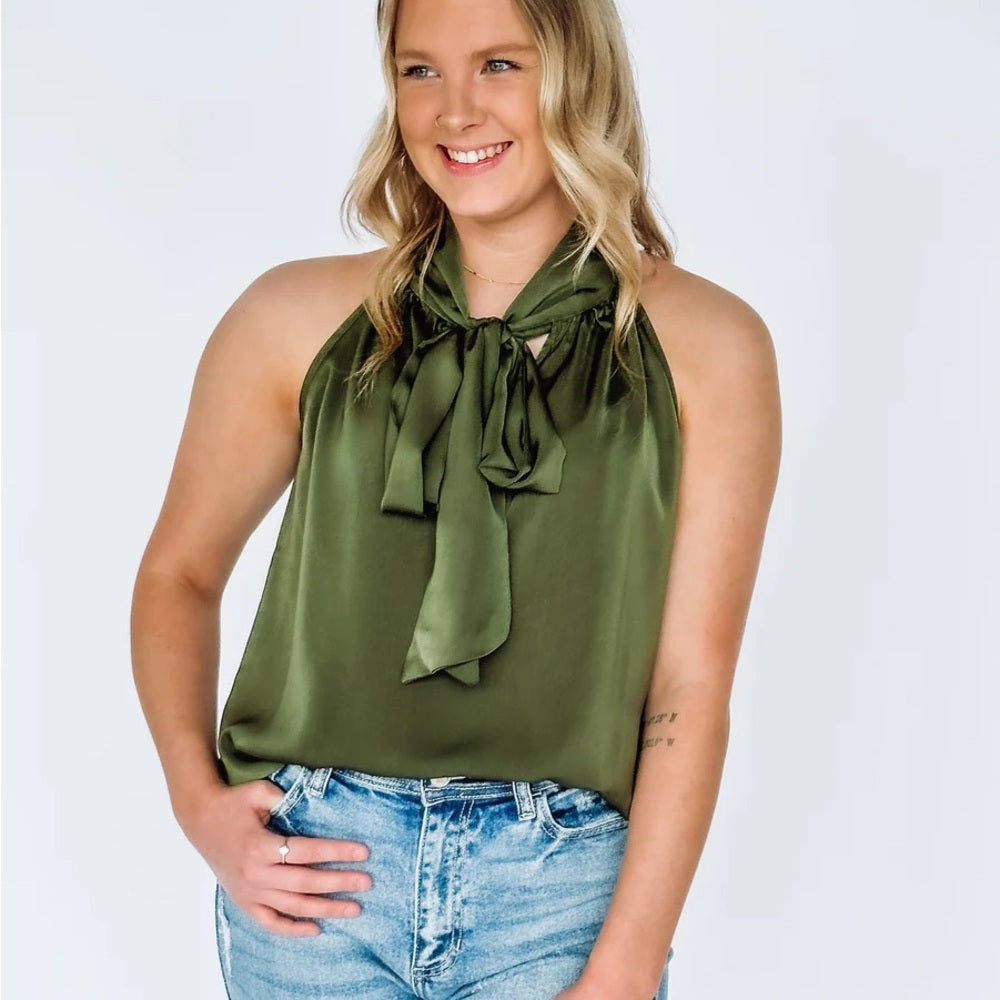 NWT SIZE L Chic Olive Halter Blouse with Bow Detail