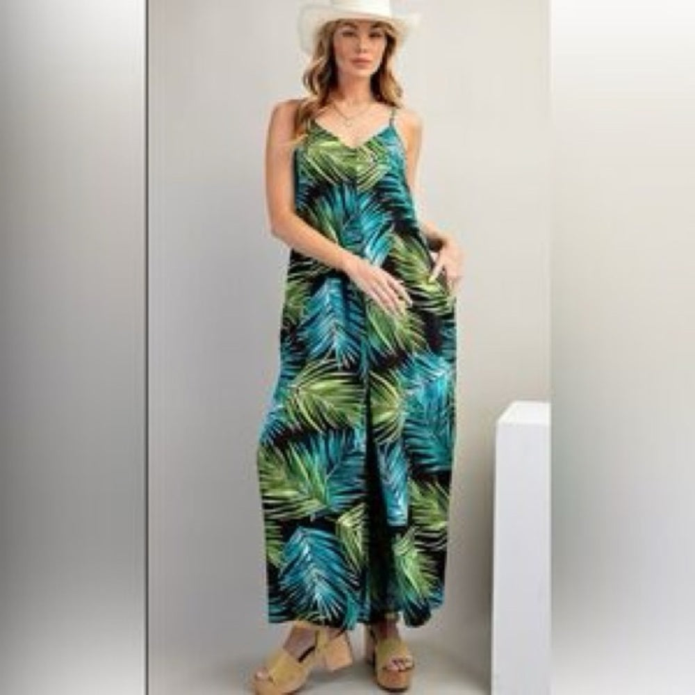 NWT SIZE S WILL FIT UP TO A L Easel Leaf Pattern Jumpsuit - Green and Blue