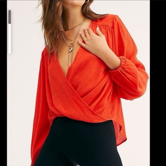 NWOT SIZE XS OVERSIZED WILL FIT UP TO A L Free People Vibrant Red Wrap Blouse
