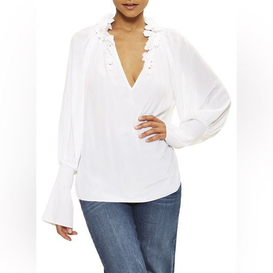 NWT SIZE L Ramy Brook Elegant White Blouse with Floral Details