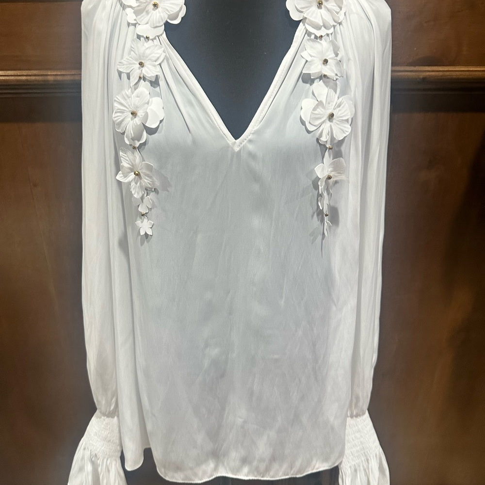 NWT SIZE L Ramy Brook Elegant White Blouse with Floral Details