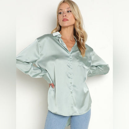 NWT SIZE M LBLC the Label Satin Button-Down Shirt - Soft Green