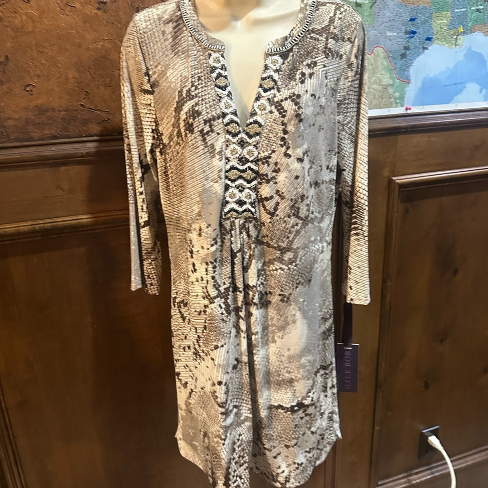NWT SIZE M Hale Bob Tan and Cream Snake Print Long Sleeve Dress