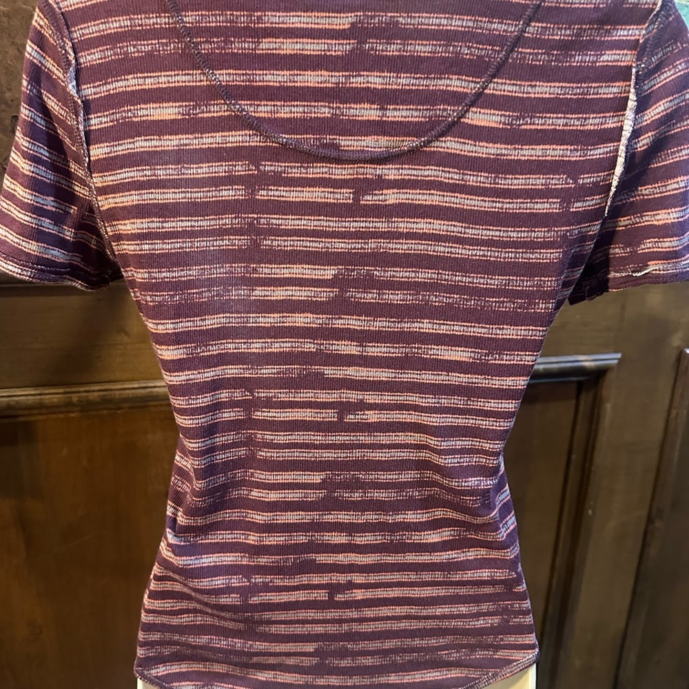 NWOT SIZE L Anthropologie Plum and Pink Striped Short Sleeve Tee