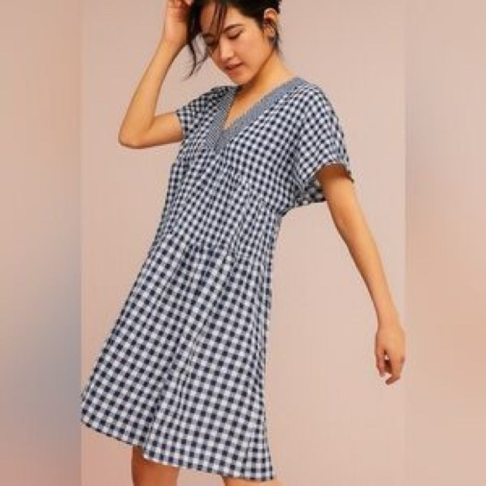 NWT SIZE M WILL FIT UP TO A L Anthropologie Navy and White Checkered Midi Dress