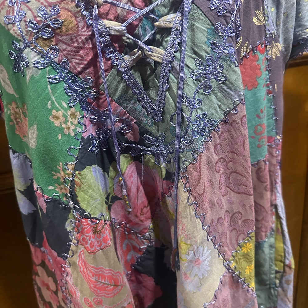 NWT SIZE PLUS Advance Apparels Colorful Patchwork Lace-Up Top