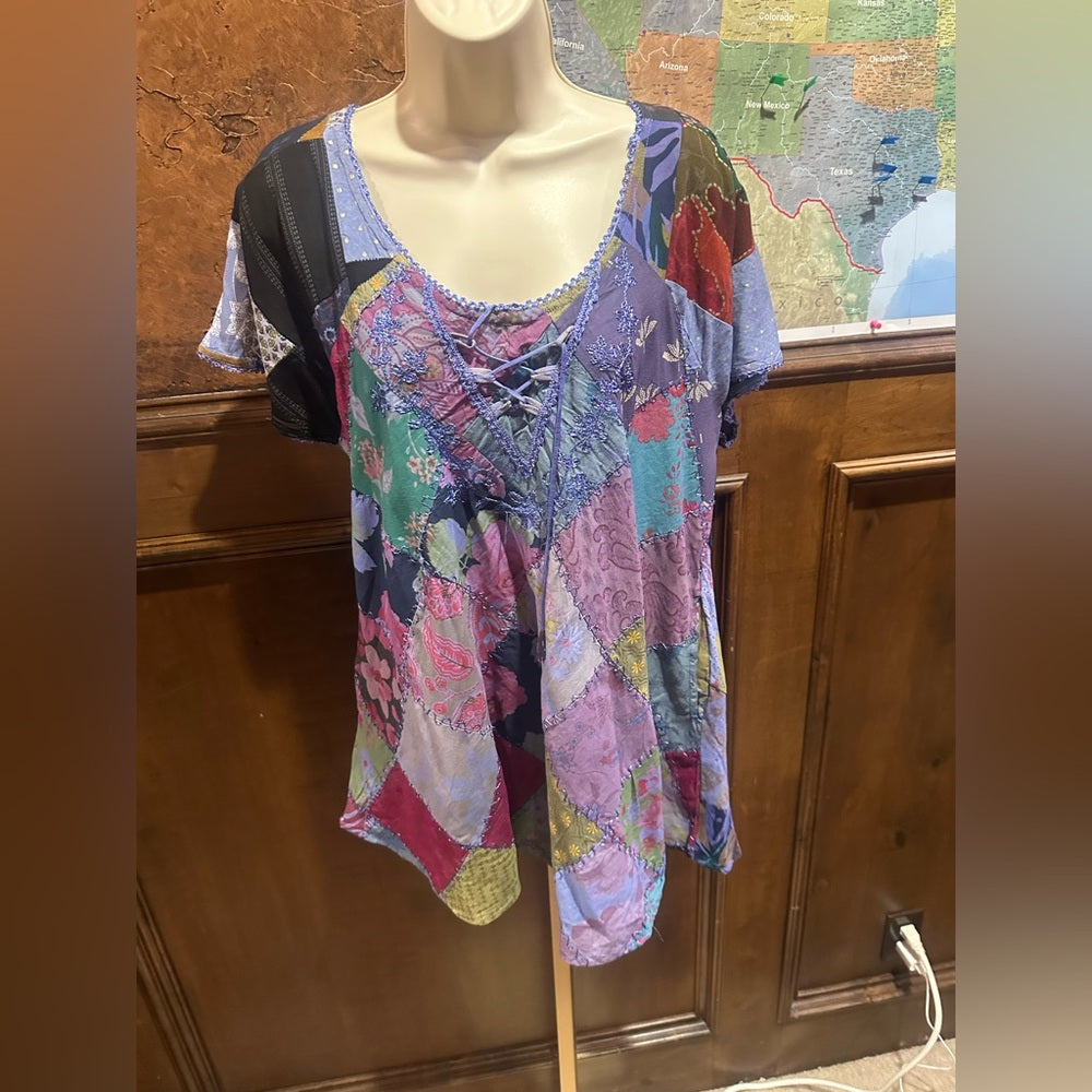 NWT SIZE PLUS Advance Apparels Colorful Patchwork Lace-Up Top