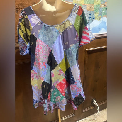 NWT SIZE PLUS Advance Apparels Colorful Patchwork Lace-Up Top